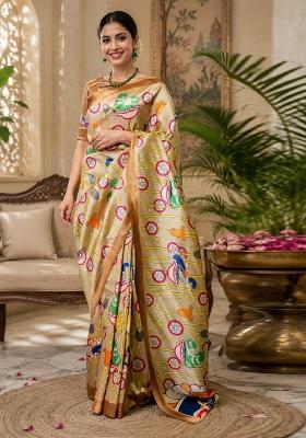Beige Printed Cotton Saree Set