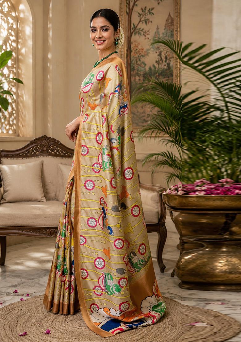 Beige Printed Cotton Saree Set - Indya