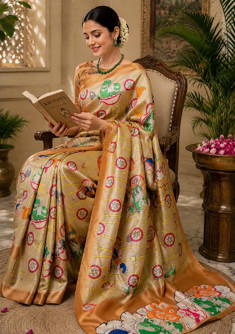 Beige Printed Cotton Saree Set - Indya