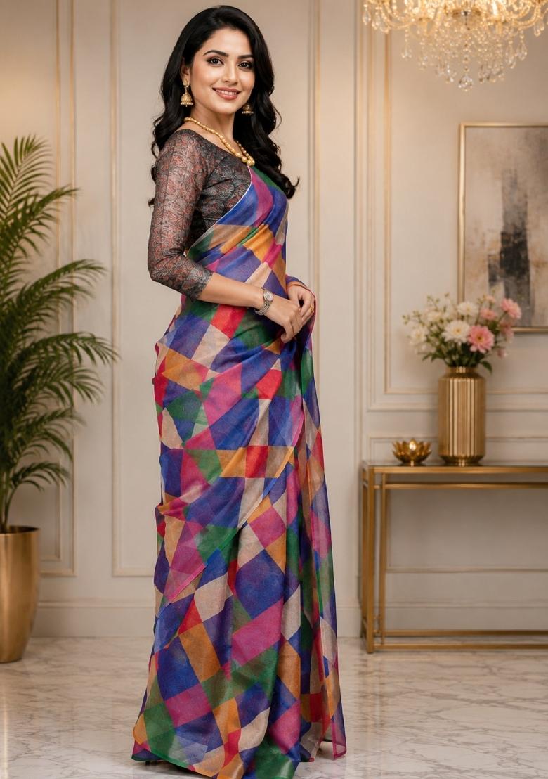 Multicolor Printed Cotton Saree Set - Indya