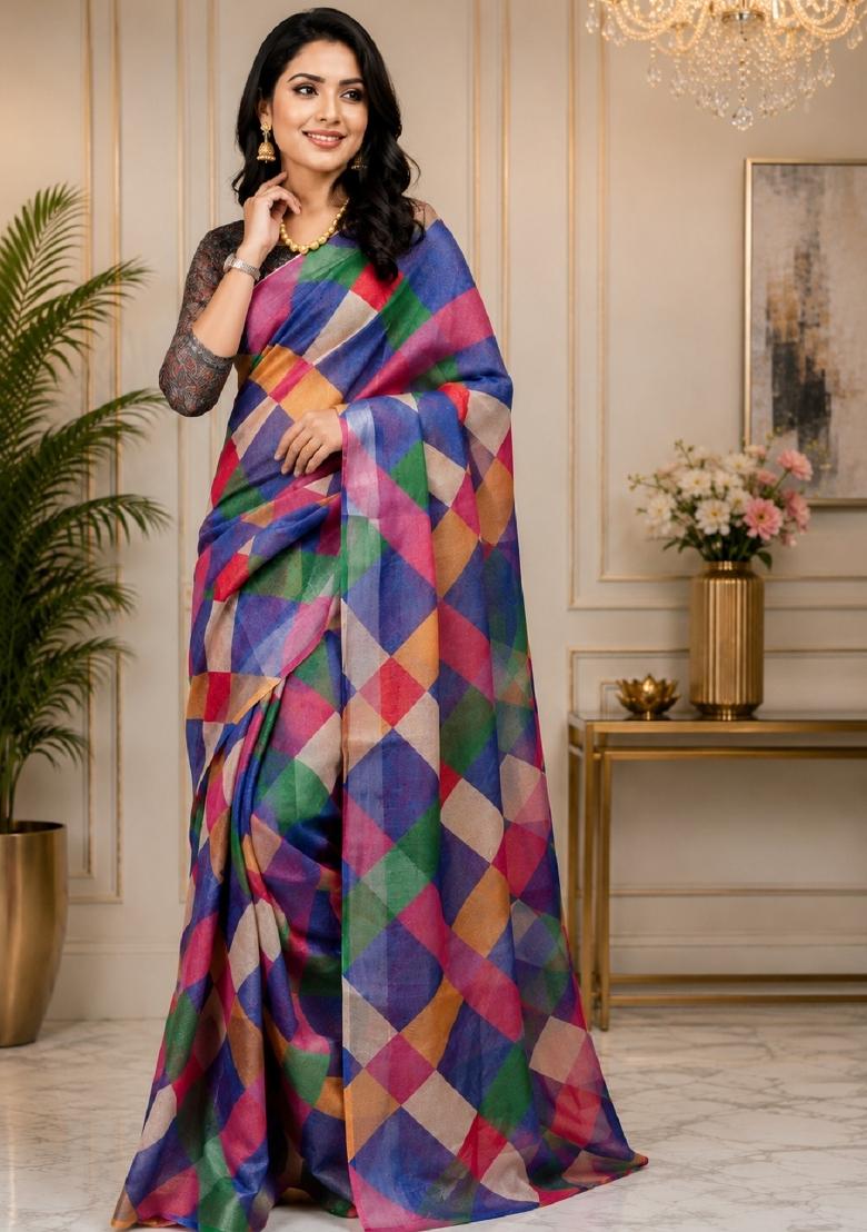 Multicolor Printed Cotton Saree Set - Indya