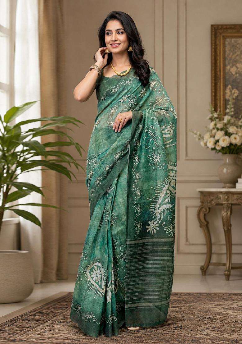 Green Printed Cotton Saree Set - Indya
