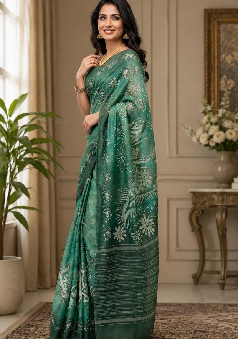 Green Printed Cotton Saree Set - Indya