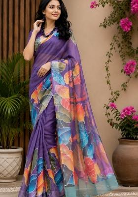 Purple Printed Cotton Saree Set
