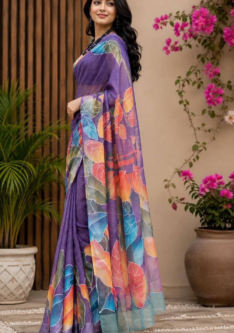 Purple Printed Cotton Saree Set - Indya