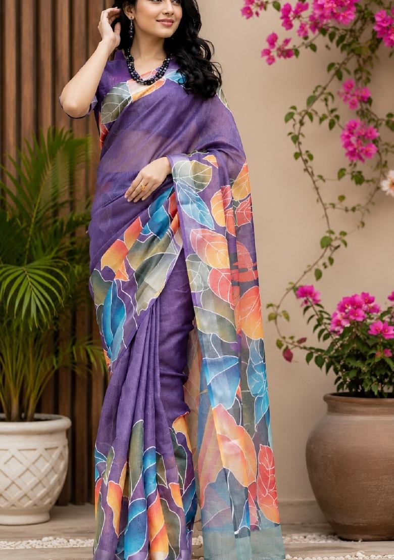 Purple Printed Cotton Saree Set - Indya