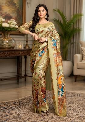 Beige Printed Cotton Saree Set