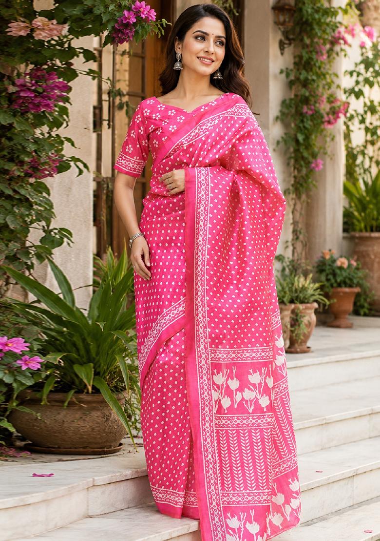 Pink Printed Cotton Saree Set - Indya