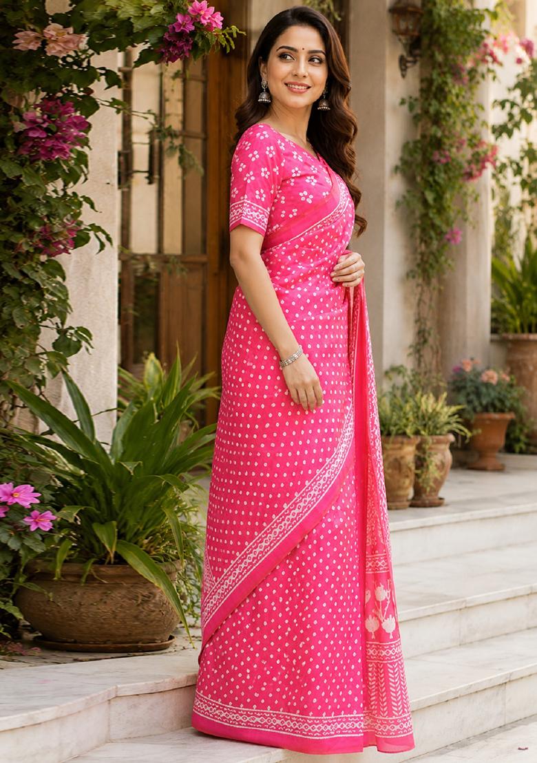 Pink Printed Cotton Saree Set - Indya