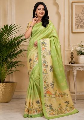 Light Green Printed Cotton Saree Set