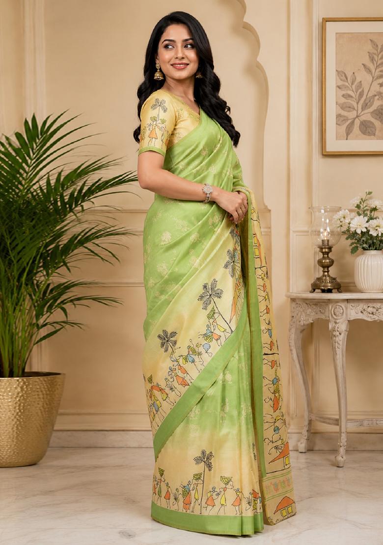 Light Green Printed Cotton Saree Set - Indya