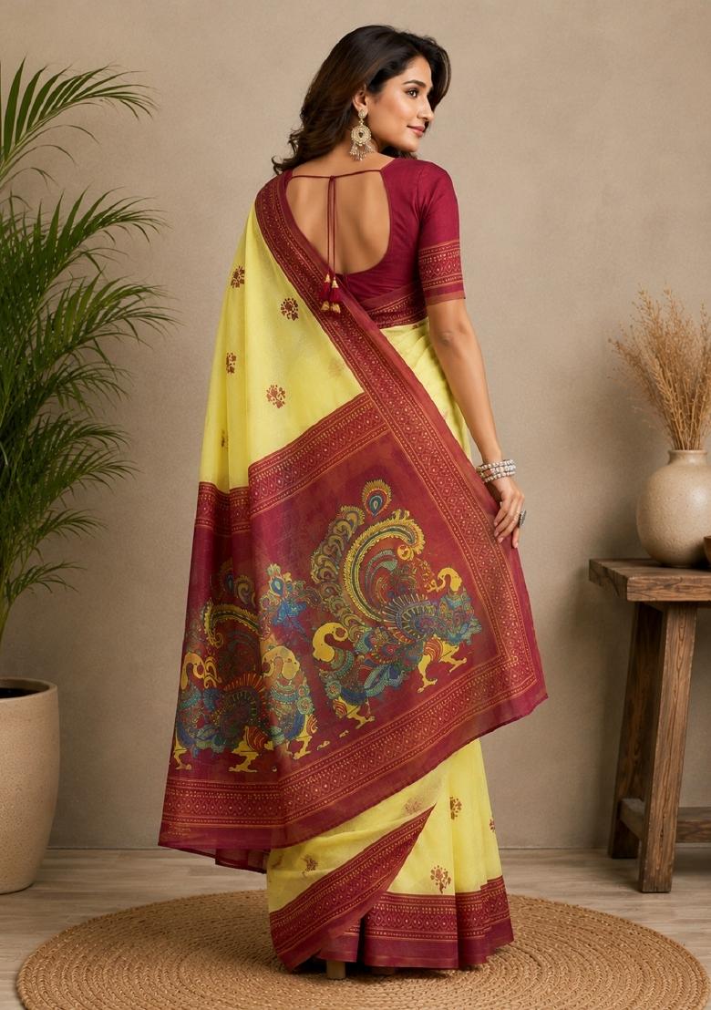 Yellow Printed Cotton Saree Set - Indya