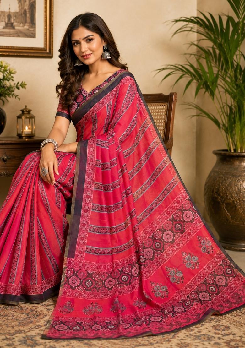 Pink Printed Cotton Saree Set - Indya