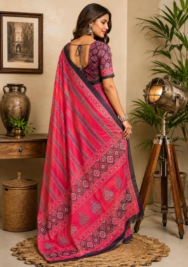Pink Printed Cotton Saree Set - Indya