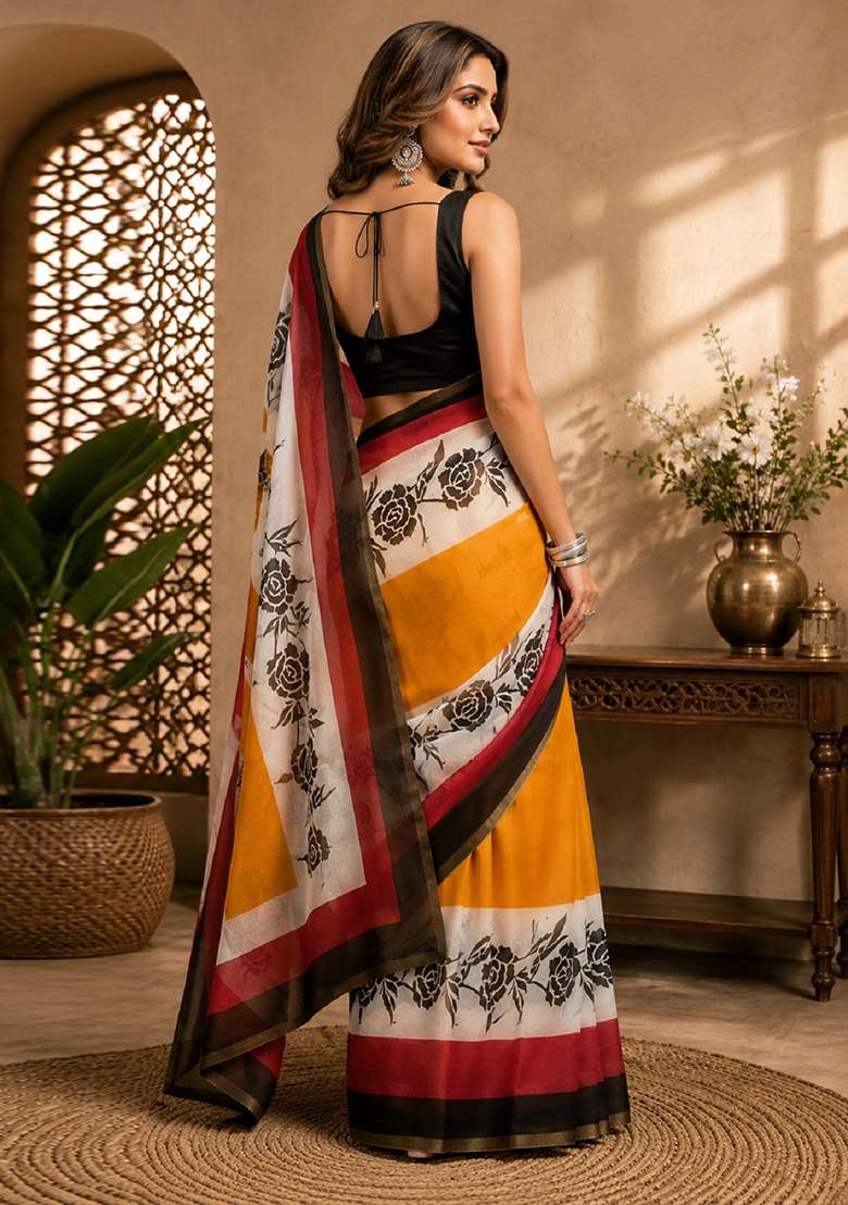White Printed Cotton Saree Set - Indya