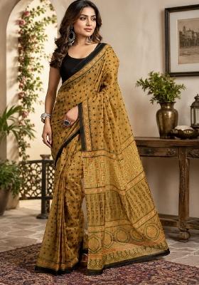 Mustard Printed Cotton Saree Set