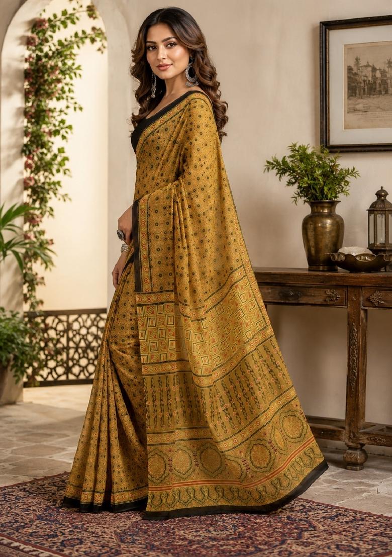 Mustard Printed Cotton Saree Set - Indya