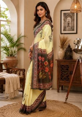 Cream Printed Cotton Saree Set