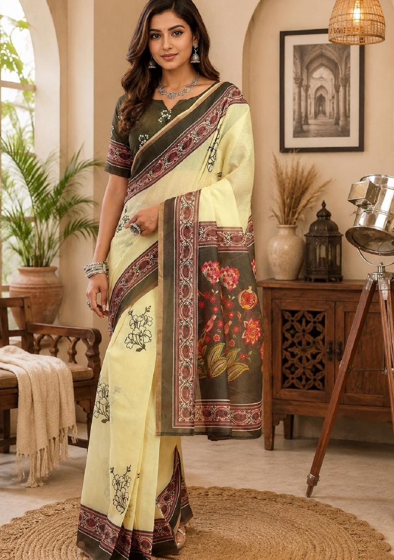 Cream Printed Cotton Saree Set - Indya