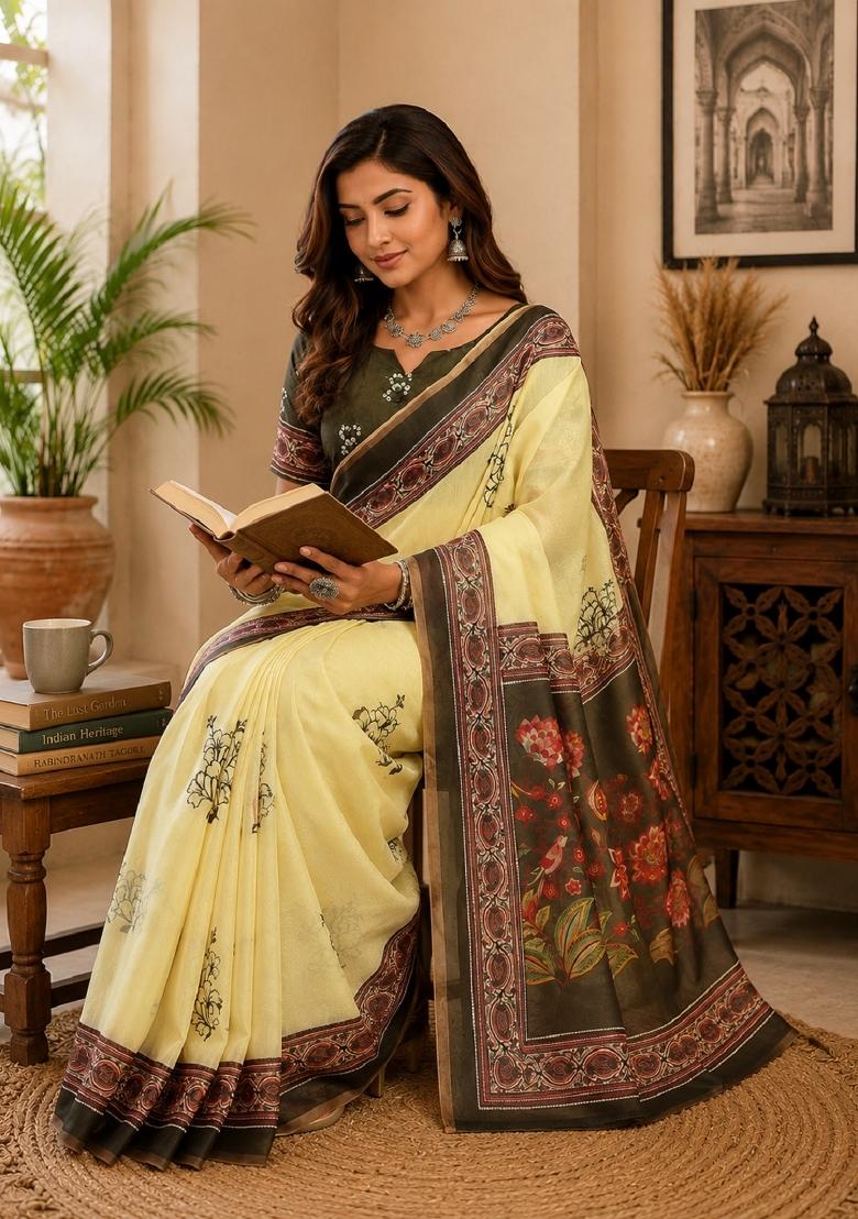 Cream Printed Cotton Saree Set - Indya