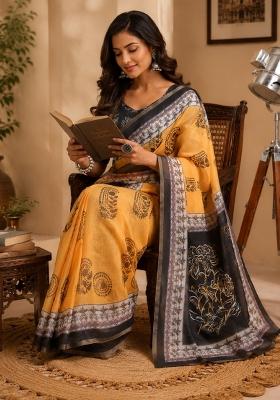 Yellow Printed Cotton Saree Set