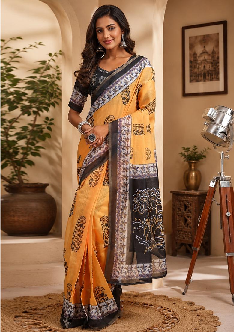 Yellow Printed Cotton Saree Set - Indya