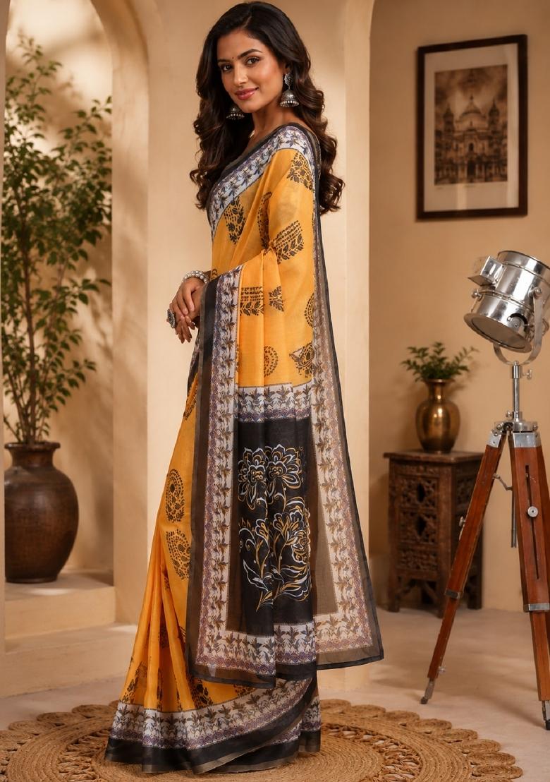 Yellow Printed Cotton Saree Set - Indya