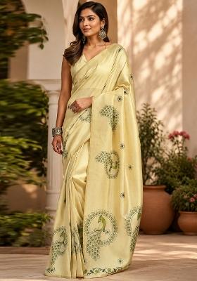 Beige Printed Cotton Saree Set