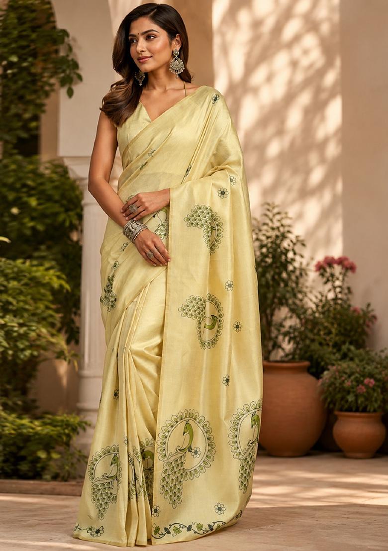 Beige Printed Cotton Saree Set - Indya
