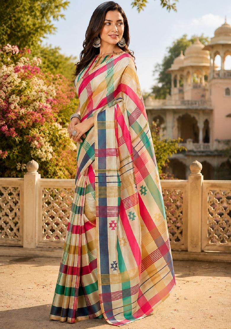 Multicolor Printed Cotton Saree Set - Indya