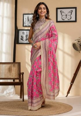 Pink Printed Cotton Saree Set