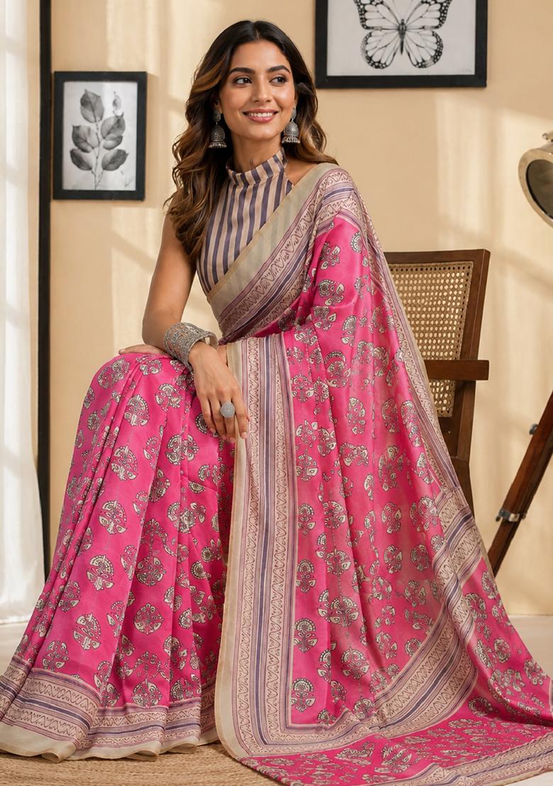 Pink Printed Cotton Saree Set - Indya