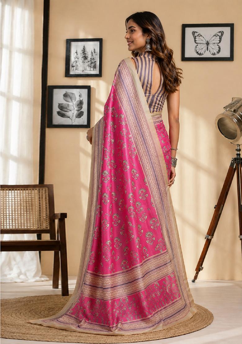 Pink Printed Cotton Saree Set - Indya