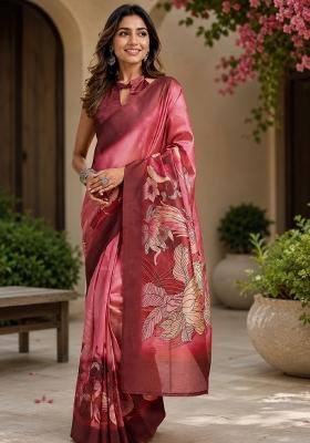 Pink Printed Cotton Saree Set