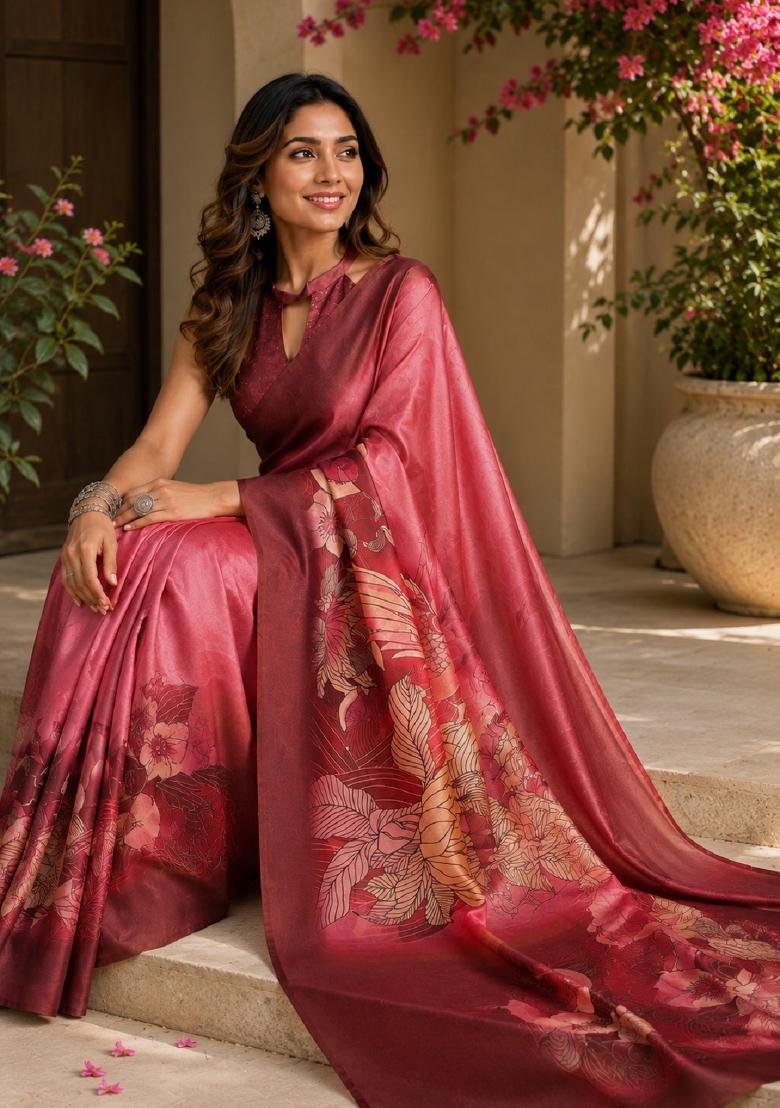 Pink Printed Cotton Saree Set - Indya