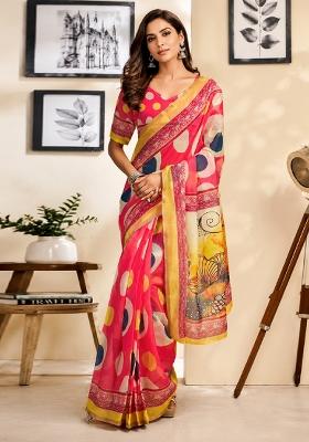 Pink Printed Cotton Saree Set