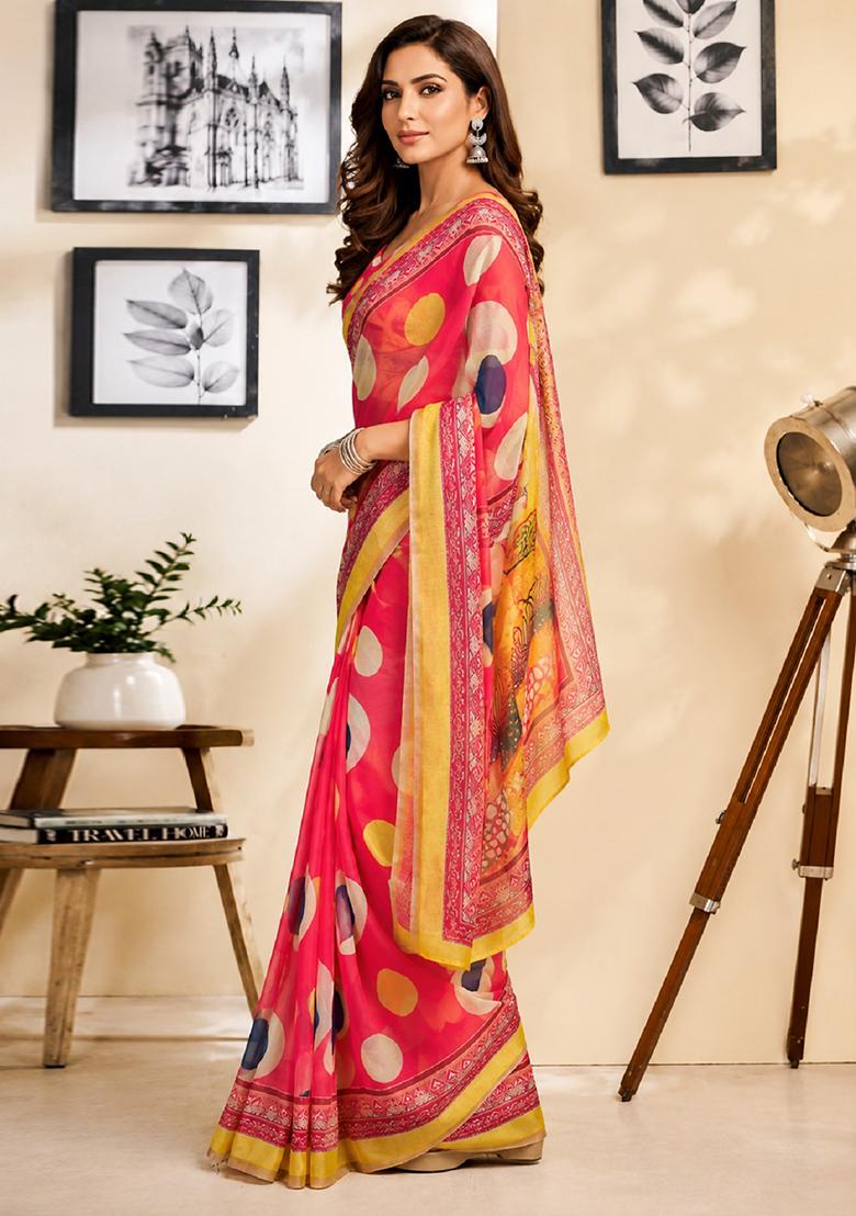 Pink Printed Cotton Saree Set - Indya