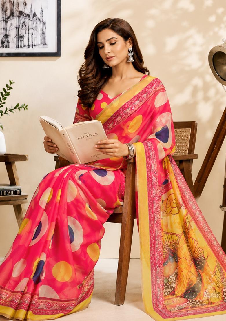 Pink Printed Cotton Saree Set - Indya