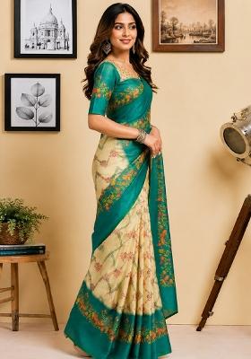 Cream Printed Cotton Saree Set