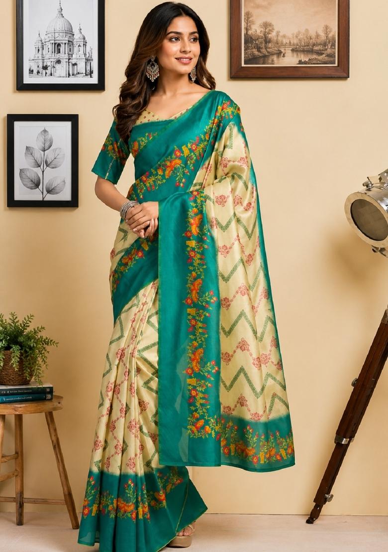 Cream Printed Cotton Saree Set - Indya