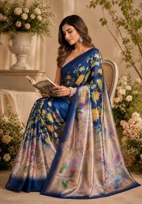 Blue Printed Cotton Saree Set