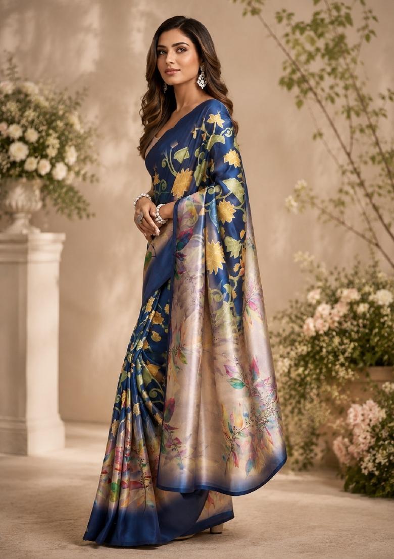 Blue Printed Cotton Saree Set - Indya
