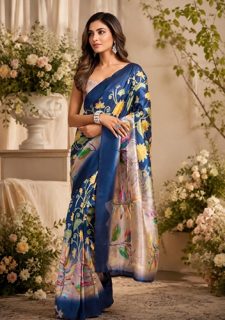 Blue Printed Cotton Saree Set - Indya