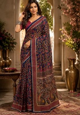 Blue Printed Cotton Saree Set