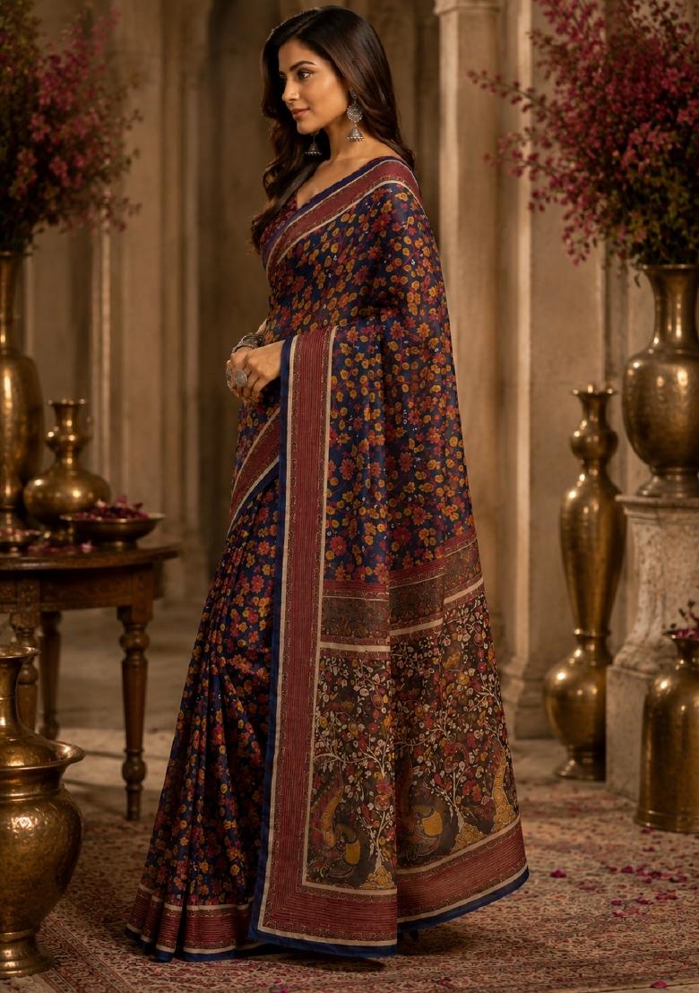 Blue Printed Cotton Saree Set - Indya