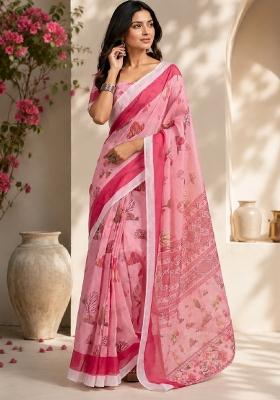 Baby Pink Printed Cotton Saree Set