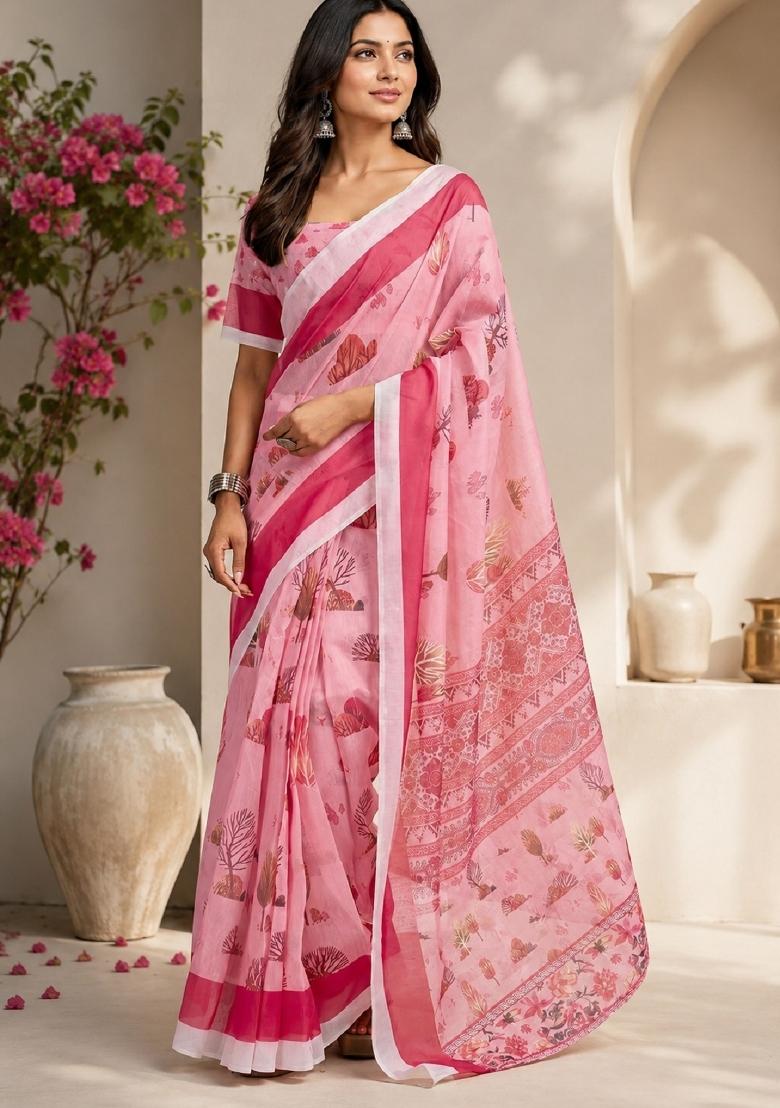 Baby Pink Printed Cotton Saree Set - Indya