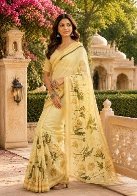 Cream Printed Cotton Saree Set