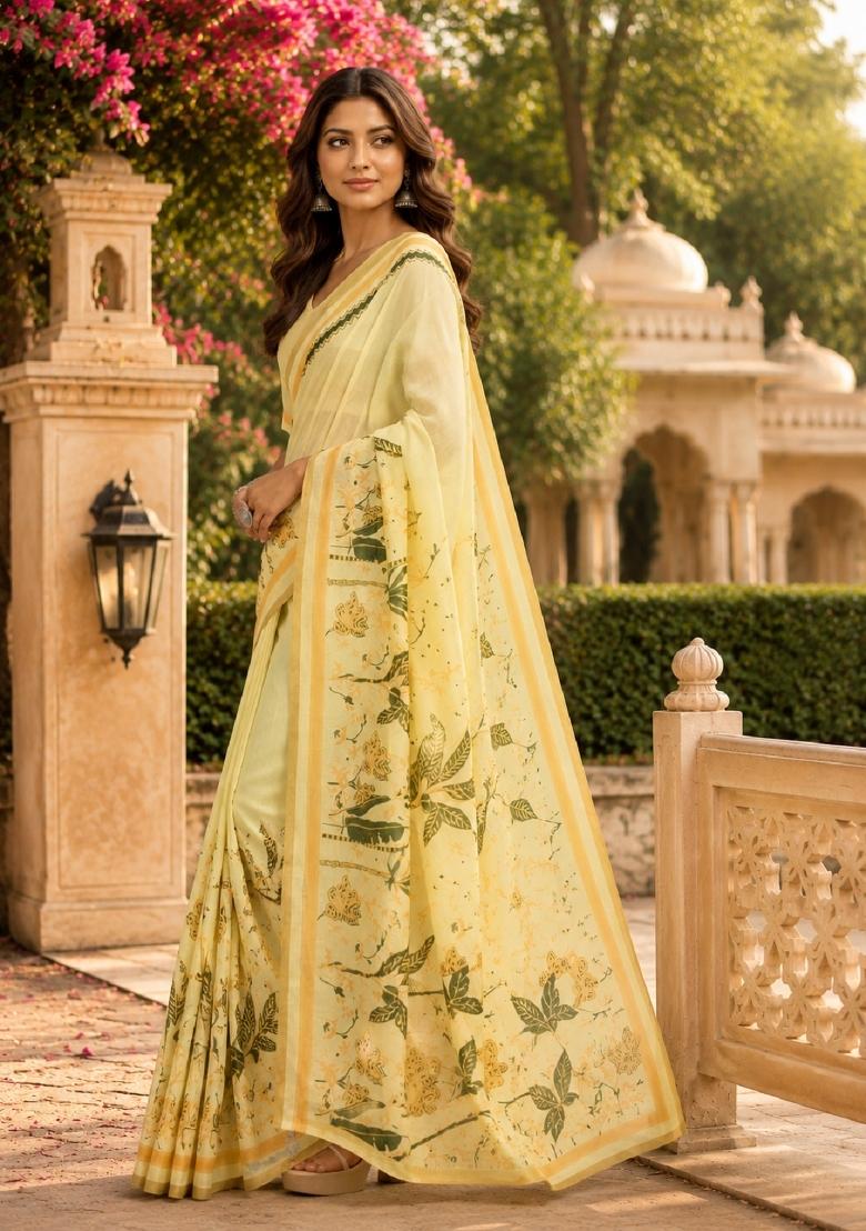 Cream Printed Cotton Saree Set - Indya