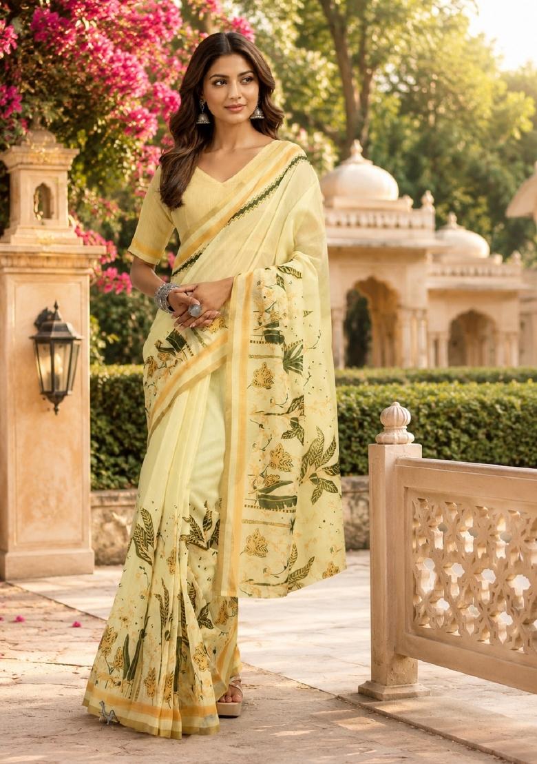 Cream Printed Cotton Saree Set - Indya